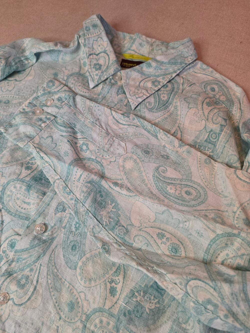 Havana Nines 100% Linen Green Paisley Long-Sleeve Button-Up Shirt Sz XL